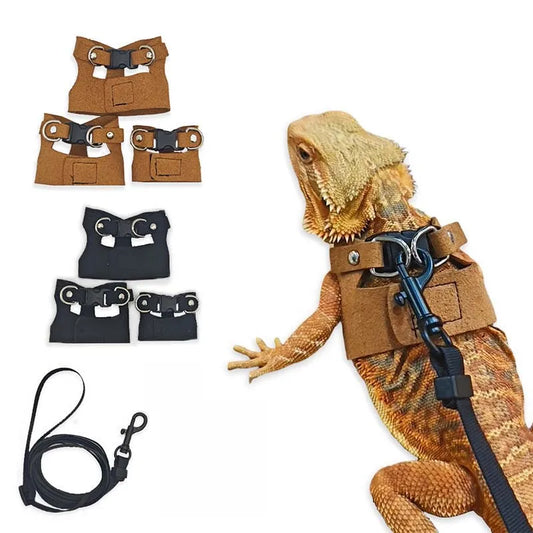 3-Piece Adjustable Bearded Dragon Harness Set - PU Leather Leash & Traction Rope for Reptiles