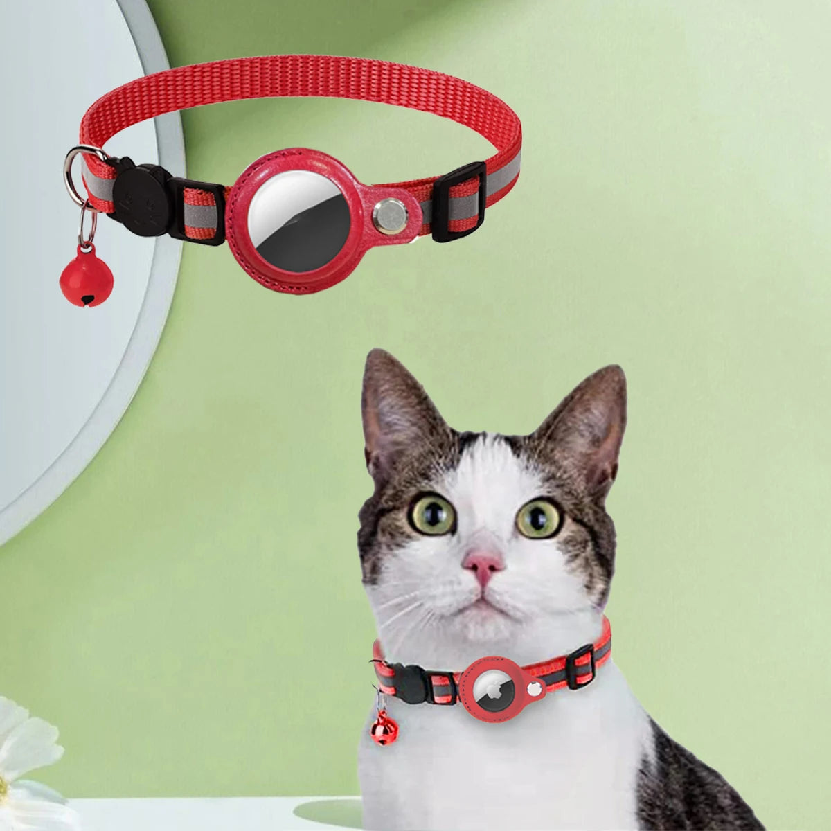 AirTag Cat Collar - Leather Protective Case with Reflective Safety Strip