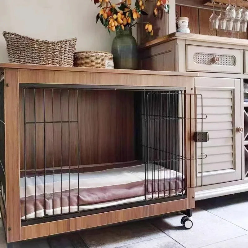 Premium Wooden Dog Cage with Wheels - Indoor Pet Enclosure for Small to Medium Dogs & Cats