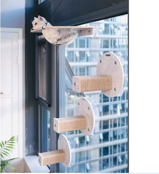 Wooden Cat Climbing Tower - Wall-Mounted Space Cabin & Hammock System | Petziverse