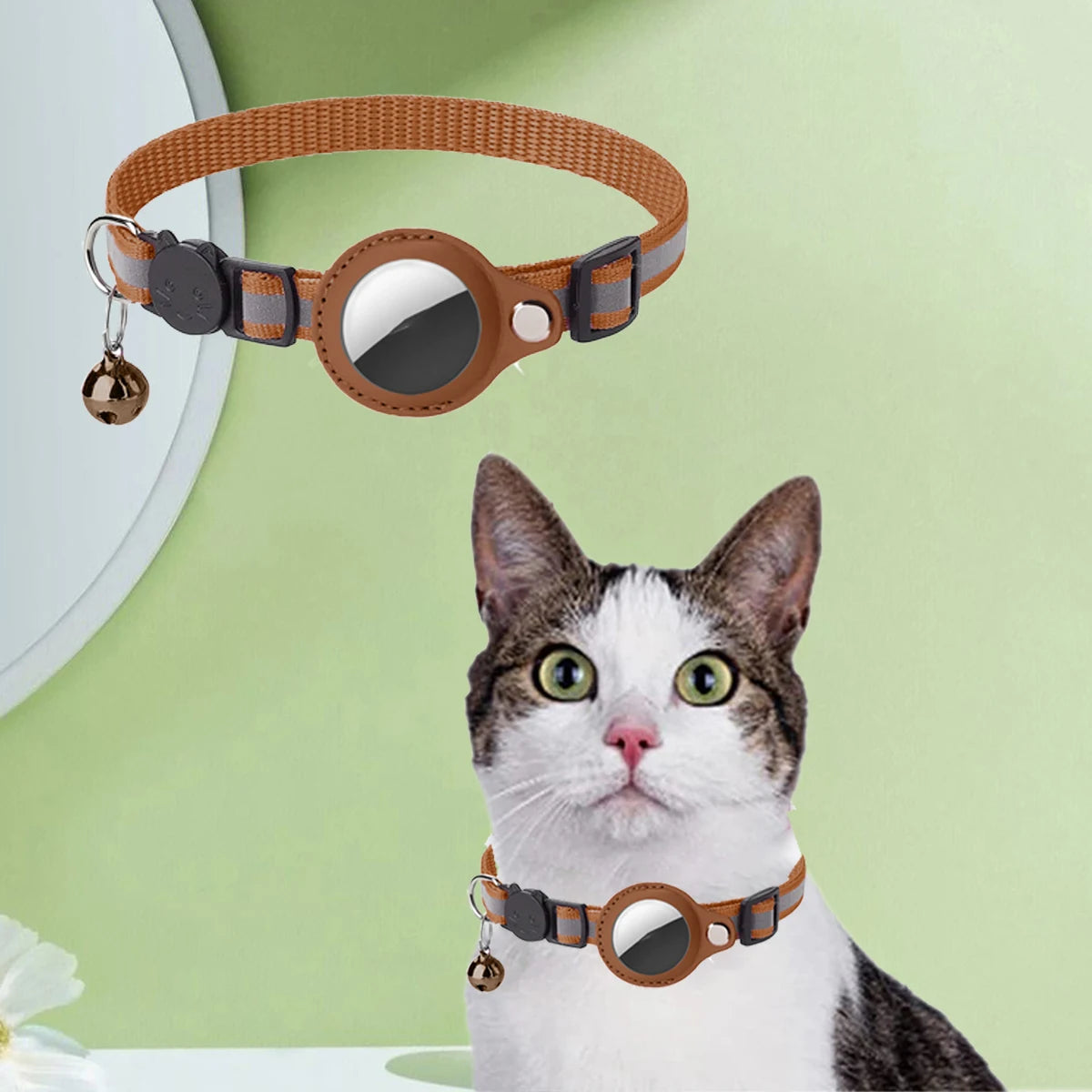 AirTag Cat Collar - Leather Protective Case with Reflective Safety Strip