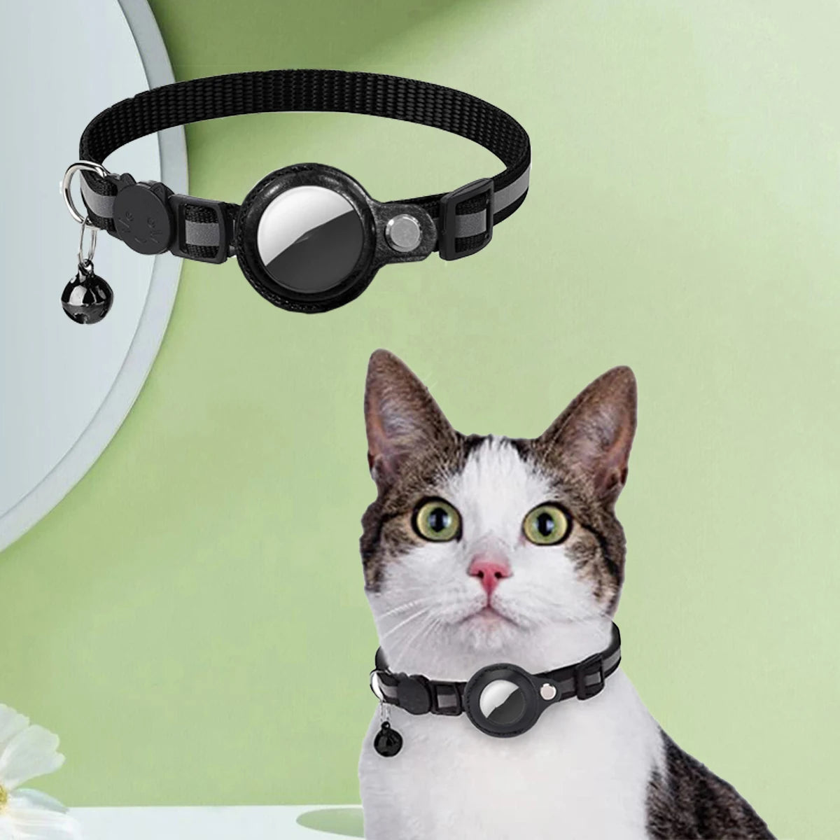 AirTag Cat Collar - Leather Protective Case with Reflective Safety Strip