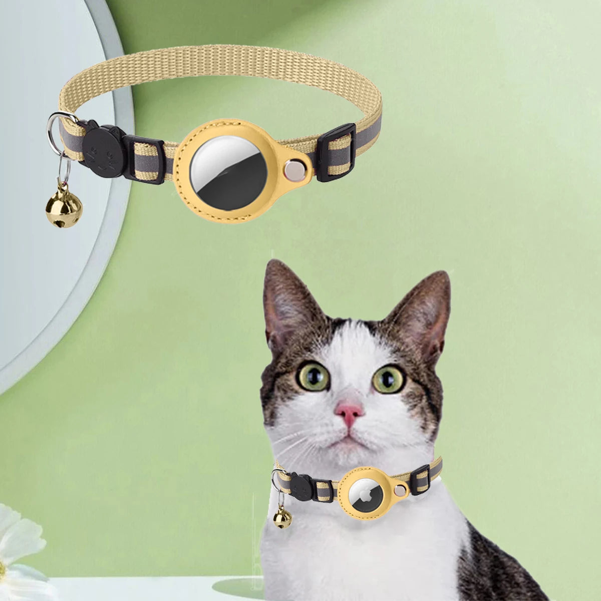 AirTag Cat Collar - Leather Protective Case with Reflective Safety Strip