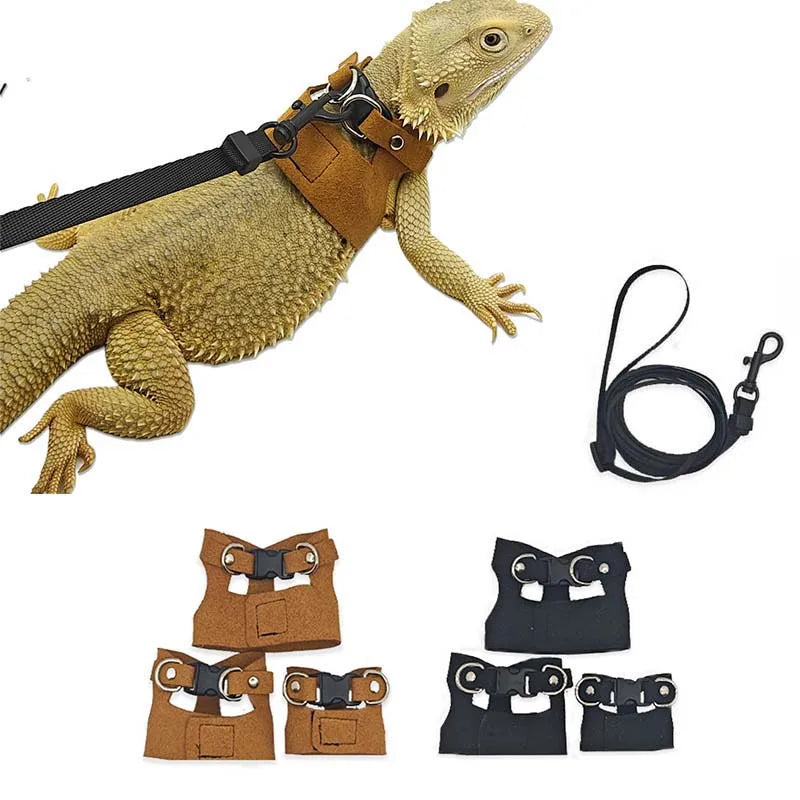 3-Piece Adjustable Bearded Dragon Harness Set - PU Leather Leash & Traction Rope for Reptiles