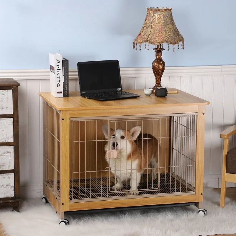 Premium Wooden Dog Cage with Wheels - Indoor Pet Enclosure for Small to Medium Dogs & Cats