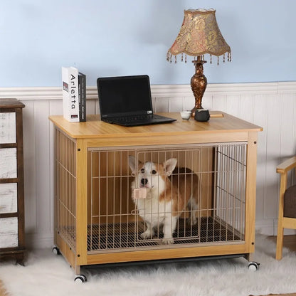 Premium Wooden Dog Cage with Wheels - Indoor Pet Enclosure for Small to Medium Dogs & Cats