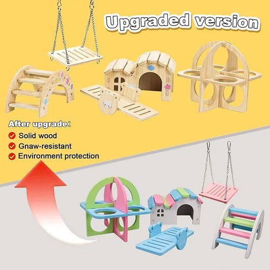 Wooden Small Pet Exercise Toy Set - DIY Hamster Playground with Bridge, Swing & Seesaw