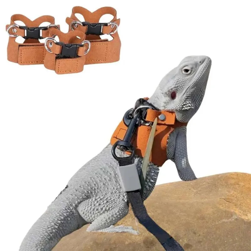 3-Piece Adjustable Bearded Dragon Harness Set - PU Leather Leash & Traction Rope for Reptiles