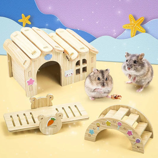 Wooden Small Pet Exercise Toy Set - DIY Hamster Playground with Bridge, Swing & Seesaw