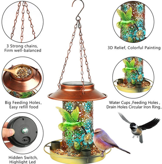 Solar Bird Feeder - Hanging Metal Lantern for Outdoors with S Hook