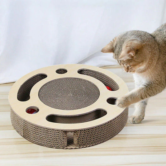 3-in-1 Round Cat Scratcher Pad with Bell Ball - Corrugated Scratching Toy