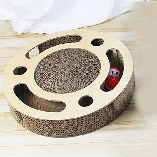 3-in-1 Round Cat Scratcher Pad with Bell Ball - Corrugated Scratching Toy