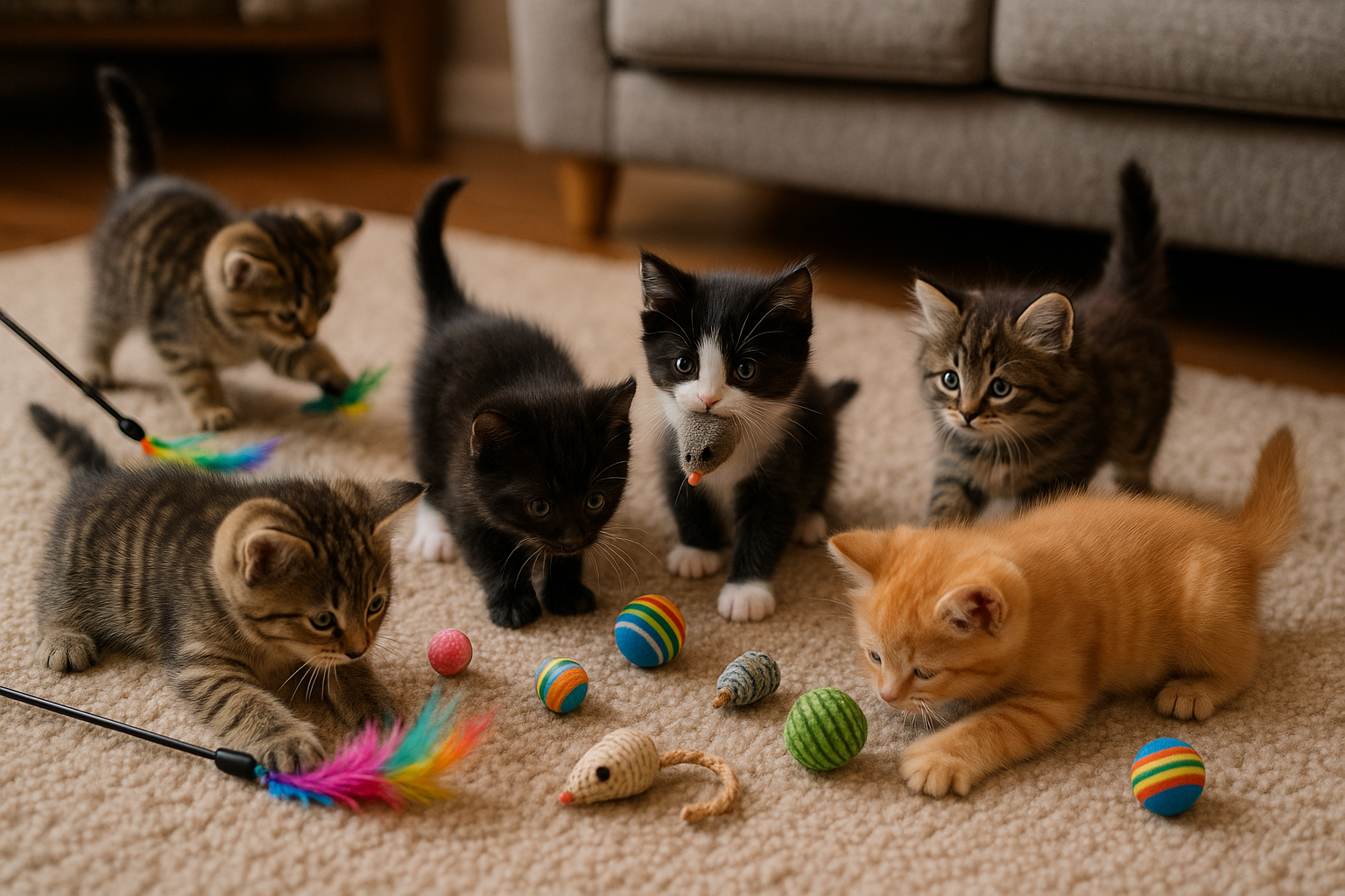 create me a realistic image of real kittens playing with cat toys