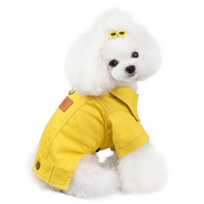 A dog wearing the Yellow Seasons Dog Jacket by Doggy Doo Little, showcasing its stylish design and vibrant color.