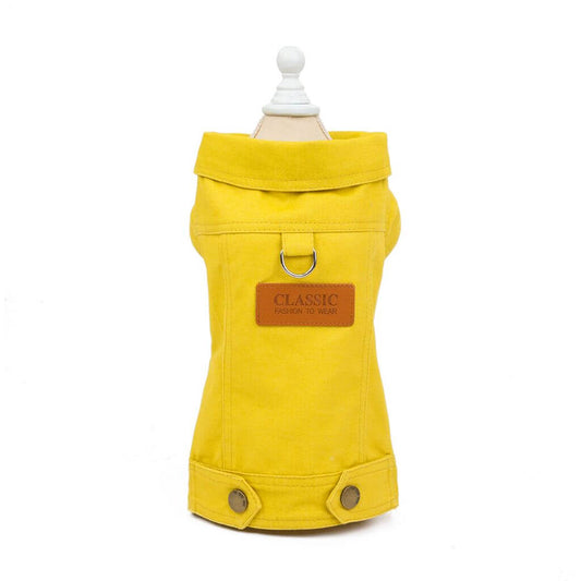 Yellow Seasons Dog Jacket by Doggy Doo Little displayed on a mannequin, featuring a stand-up collar and stylish design.