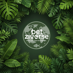 Large Petziverse logo on jungle leaf background