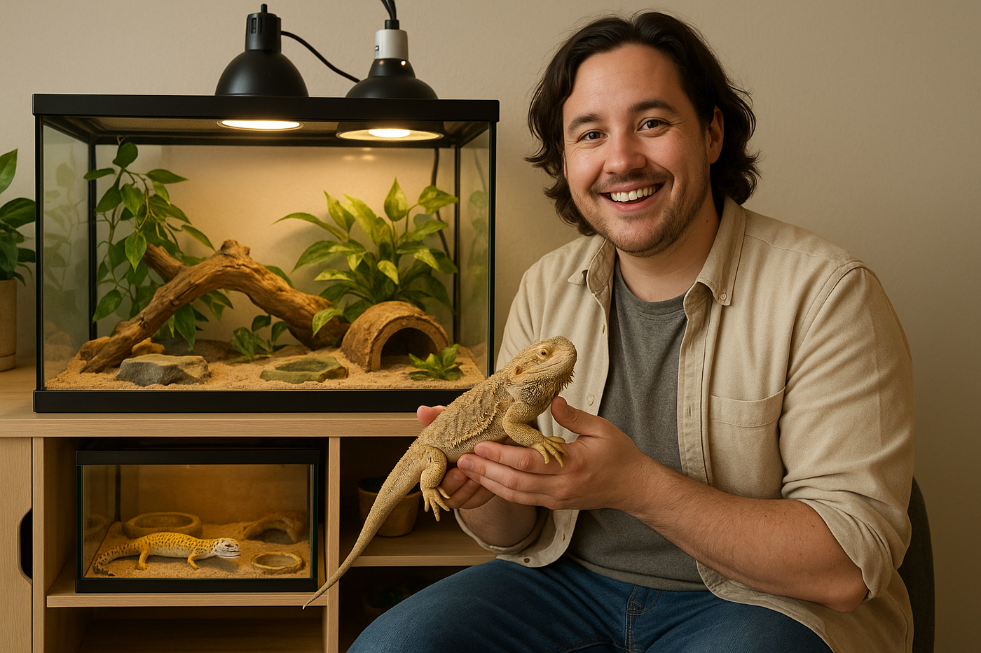 using real images of reptiles and people create an image for my blog post on Beginner's Guide to Keeping Reptiles: Everything You Need to Know