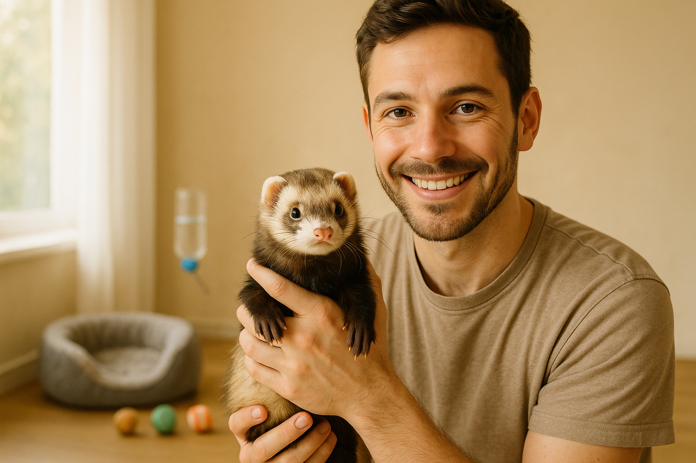 using real pet images and people create an image for a blog post for Ferret Care: Complete Owner's Guide